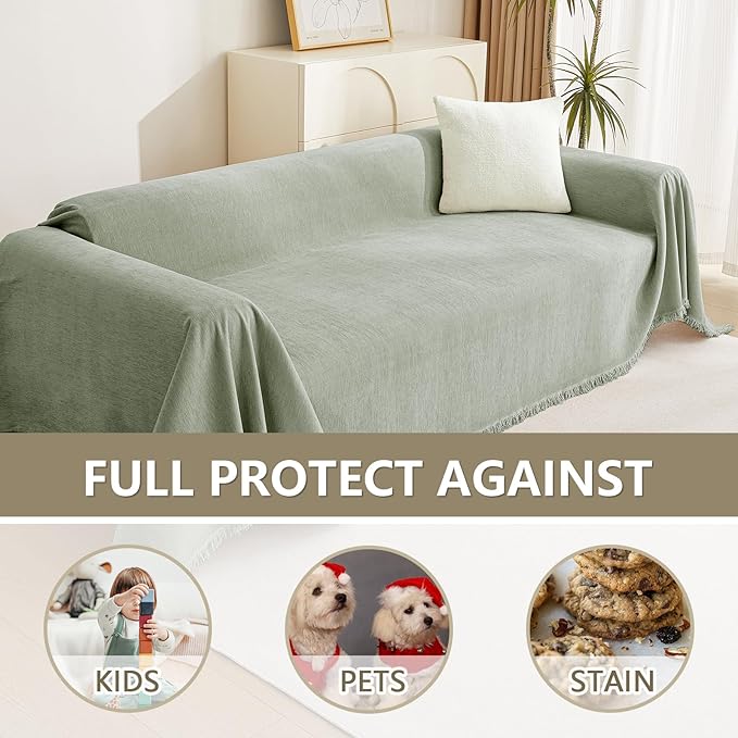 MYSKY HOME Chenille Sofa Slipcovers Sage Green Sofa Covers with Tassel Edge L Shaped Sectional Couch Covers for 3 Cushion Couch, Washable Thick Durable Furniture Protector for Dogs Kids 91"x 134"