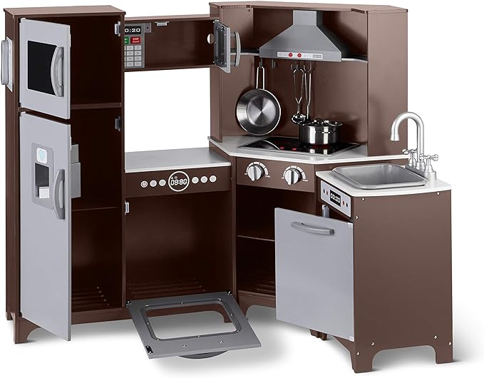 Amazon Basics Kids Corner Wooden Kitchen Toy Playset with Stove, Oven, Sink, Fridge and Accessories, for Toddlers, Preschoolers, Children Age 3+ Years, Espresso/Gray, 39.37"L x 28.35"W x 35.04"H