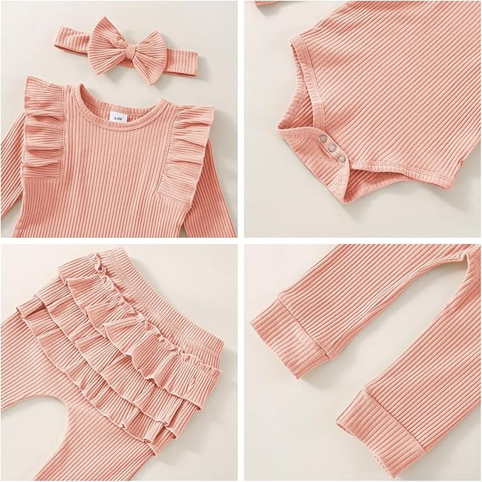 Baby Girl Clothes Newborn Infant Fall Winter Outifts Ribbed Ruffle Long Sleeve Romper Pant Outfit Set 3pcs 0-18Months