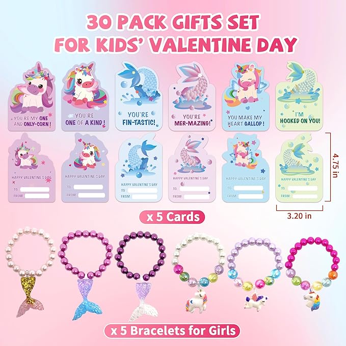 30Pack Mermaid & Unicorn Valentines Day Cards for Kids with Rainbow Bracelets - Perfect Classroom Prizes, Unicorn Valentines Gifts for Kids Party Favors for School Exchange Gifts for Girls