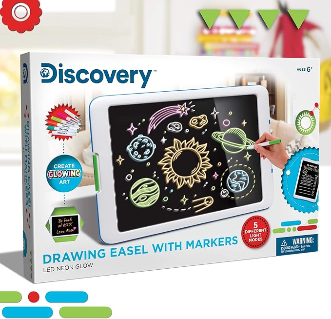 Discovery Kids Neon Glow Drawing Easel w/ 6 Color Markers, Built-in Kickstand/Wall Mount, 5 Light Modes, Easy Clean/Washable, Wide Screen, Flat Storage, Portable Travel Activity, Electronic Activity