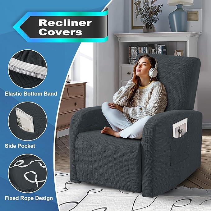 JIVINER 3 Piece Small Recliner Covers for Large Recliner with Pockets Stretch Jacquard Lazy Boy Reclining Couch Cover Soft Furniture Couch Protector with Elastic Bottom (1 Seater Small, Dark Gray)