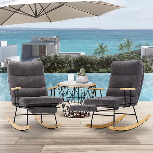 Rocking Chair with Footrest-Glider Rocker Chair with Retractable Footrest and Adjustable Backrest, Teddy Upholstered Rocking Chair Set of 2, Accent Chair for Living Room/Nursery/Bedroom/Outdoor-Grey