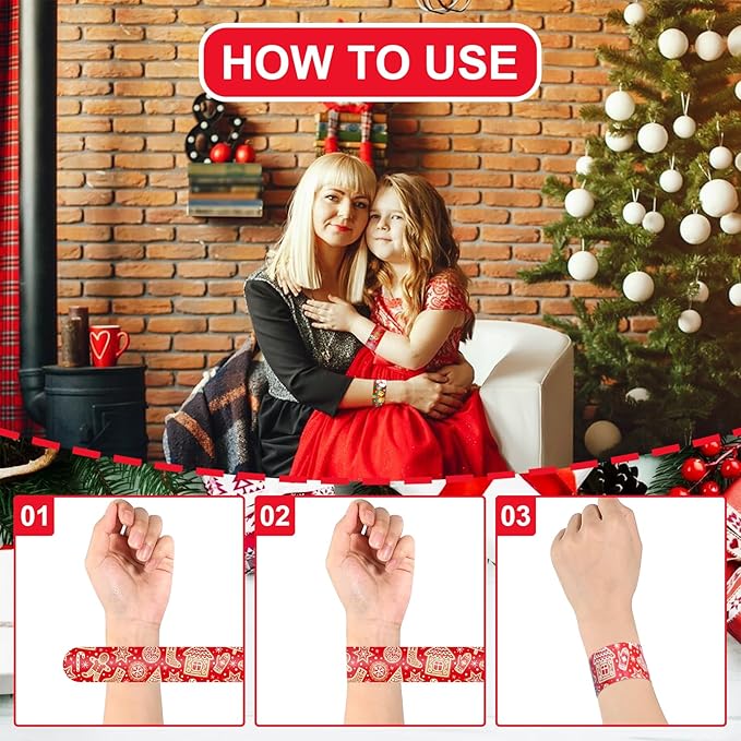 48 Pieces Christmas Slap Bracelets Bulk Party Favors for Kids - 12 Designs Festive Snap Bands, Holiday Goodie Bag Xmas Stocking Fillers, Classroom Prizes Accessories, Wrist Decorations Gifts Supplies