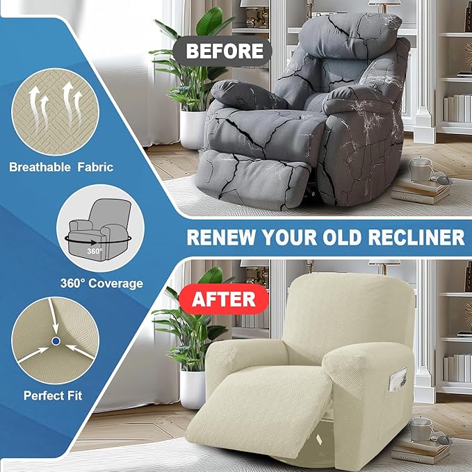 JIVINER 4 Pieces Recliner Loveseat Covers Stretch Recliner Sofa Slipcover with Elastic Bottom Jacquard Fitted Reclining Couch Cover Furniture Protector with Pockets (2 Seater, Beige)