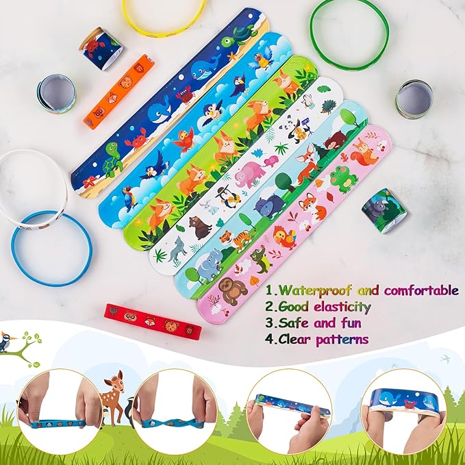 48 PCS Party Favors Slap Bracelets for Kids Animal Rubber Bracelets Silicone Wristbands for Birthday Party Supplies Classroom Prizes Christmas Easter Halloween Holiday Gifts