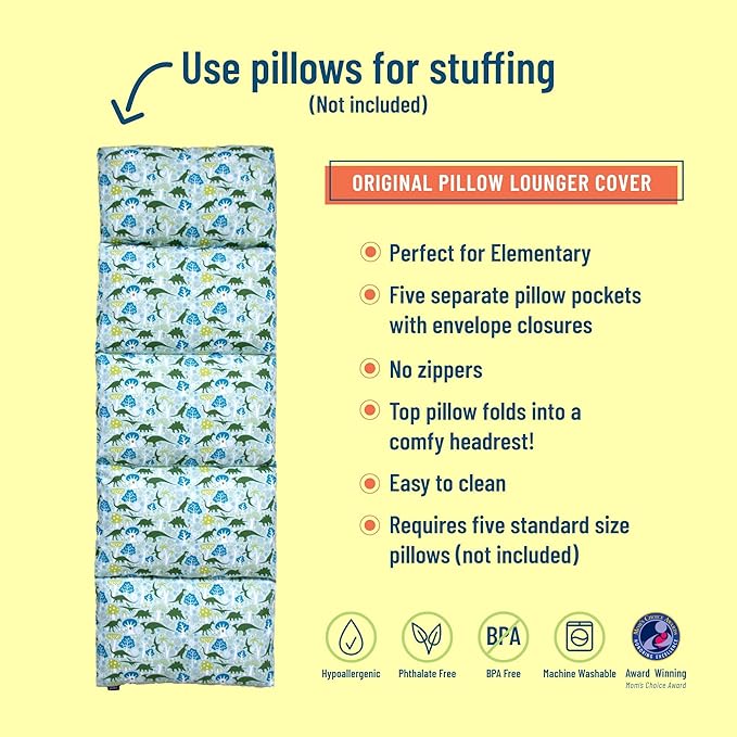 Wildkin Kids Floor Lounger: Ideal for Boys and Girls, Travel-Friendly, Perfect for Sleepovers - Pillow Lounger for Kids, Requires Standard Size Pillows Not Included (Dinomite Dinosaurs)