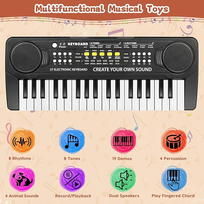 37 Key Upgrade Piano Keyboard for Kids Musical Toys for 3 4 5 6 Year Old Girls Keyboards Pianos for Beginners with Microphone for 3+ Year Old Boys Girls Gifts