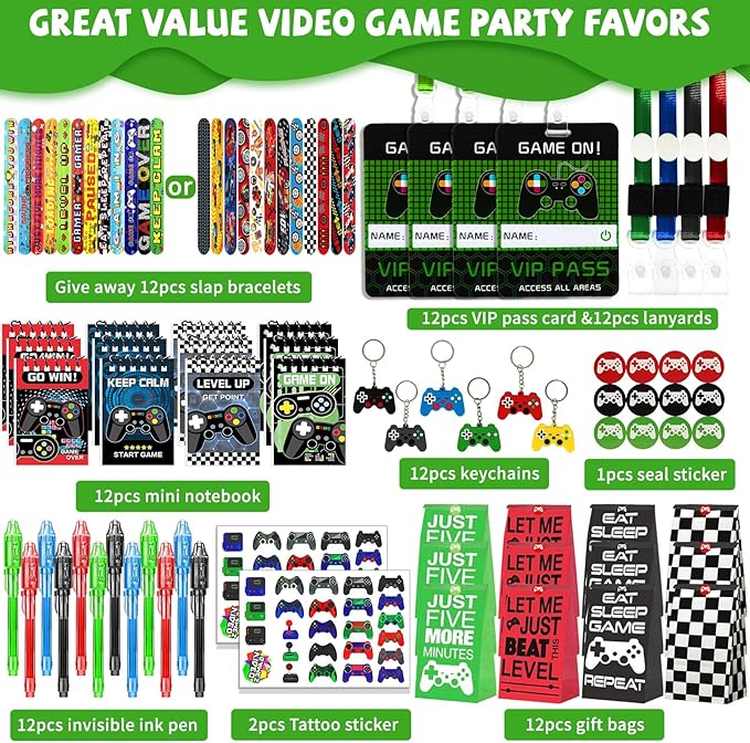 146 Pcs Video Game Party Favors, Gamer Party Favors -Ink Pen Notebook VIP Passes with Lanyards Slap Bracelets Keychains Bags Tattoo Stickers for Kids Gaming Party Favors Game On Birthday Party Favor