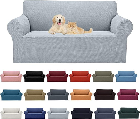 2025 New Stretch Loveseat Sofa Slipcovers Couch Cover for 2 Cushion Furniture Protector Sofa Covers with Elastic Bottom Jacquard Fabric Small Checks for Pets, Kids - Silver