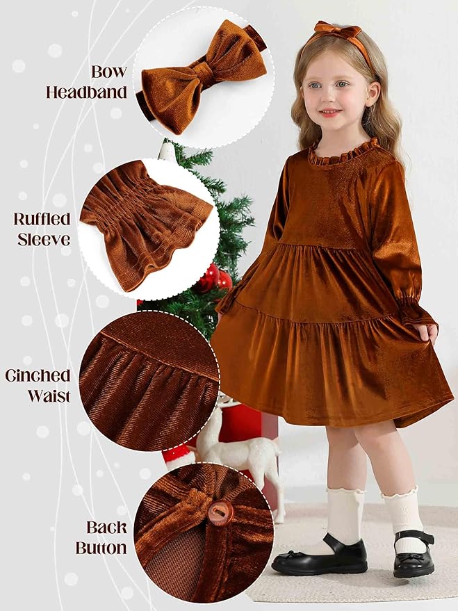 Toddler Baby Girls Velvet Dress Long Sleeve Christmas Dresses Princess Birthday Party Dresses Fall Winter Clothes