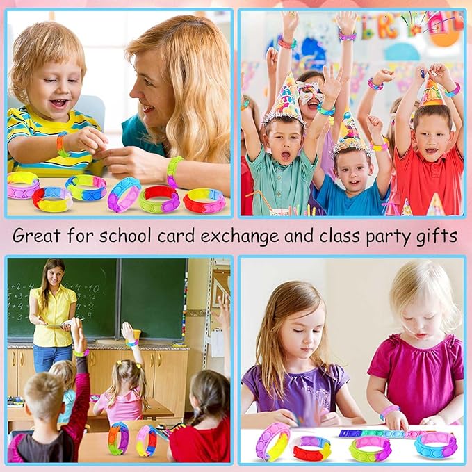 30 Pack Valentines Day Gift Cards for Kids Classroom, Pop Fidget Bracelets Stress Relief Sensory Toy School Classroom Gifts Exchange Valentines Party Favors
