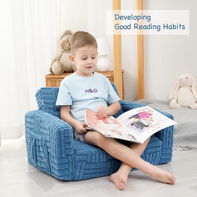 Kids Sofa, Toddler Chair, 2-in-1 Flannel Kids Fold Out Couch, Toddler Convertible Sofa to Lounger, Flip Open Toddler Couch for Kids (Blue)