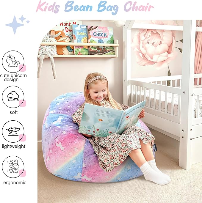 COMAX Bean Bag Chairs for Kids 8-12, Toddler BeanBag Sofa with Filler Unicorn Bean Couch Stuffed for Boys and Girls, Lazy Floor Chair for Playroom, Nursery Room, Colorful Rainbow