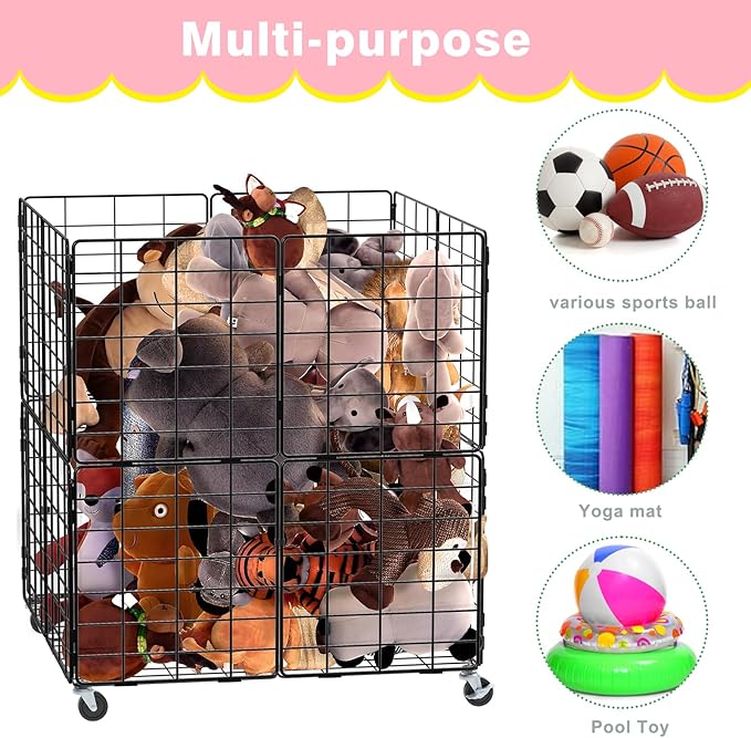 HEOMU Stuffed Animal Storage,Toy Bins for Kids Organizer,Toy Box Hold Up to 150 Plush Toysfor Nursery Play Room Bedroom Metal (Black)