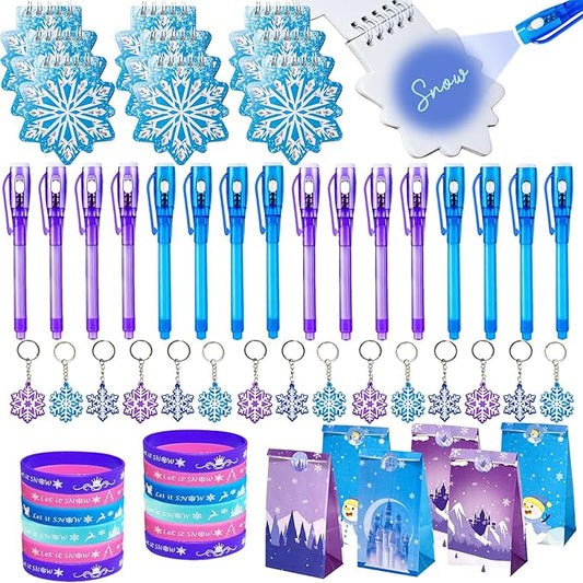 80 PCS Frozen Party Favors frozen birthday party decorations Invisible Ink Pen Mini Notebook Paper Gift bag Silicone Bracelet Keychain Frozen Stuffer Toy Gift
