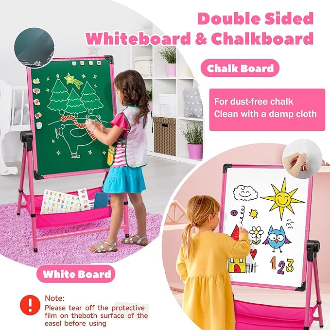 Kids Art Easel Double-Sided Easel Designed with Height Adjustable Function & Large Storage Bag Whiteboard & Chalkboard 360°Rotating Kids Drawing Easels for Kids Toddlers (26inch-43inch)