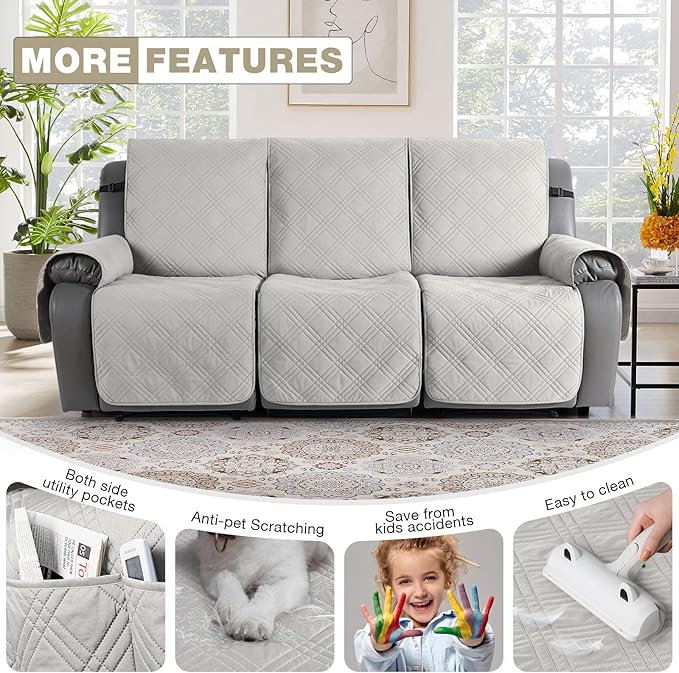 TAOCOCO 100% Waterproof Recliner Sofa Cover, Non Slip Split Couch Covers for Reclining Couches with Elastic Straps, Washable Reclining Sofa Cover Furniture Protector for Kids Pets(3 Seater, Off White)