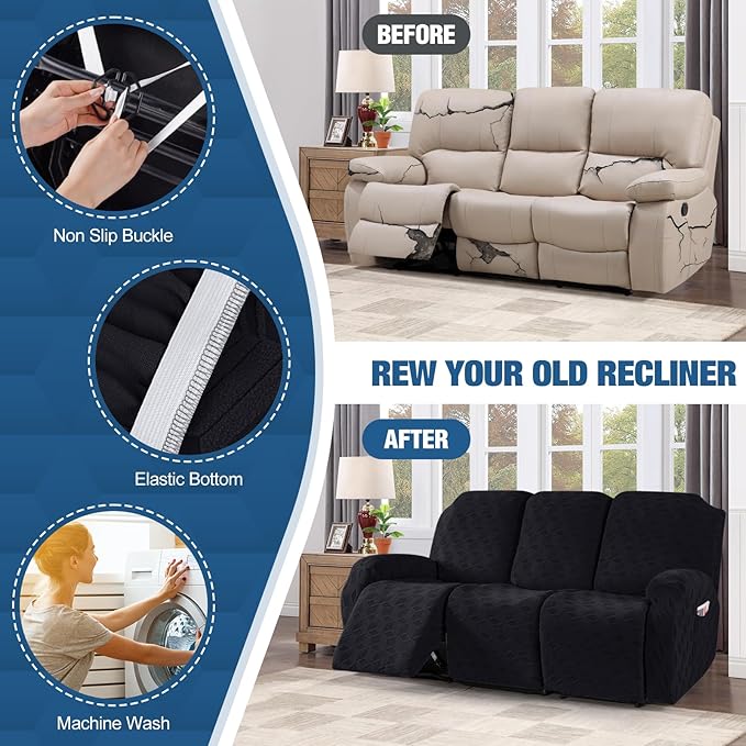 TAOCOCO Recliner Sofa Covers Stretch Reclining Couch Cover, Jacquard Recliner Couch Cover for 3 Seat Furniture Protector Sofa Slipcovers with Elastic Bottom for Kids, Pets (Black)
