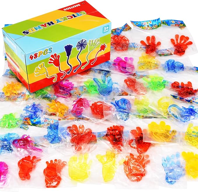 48 Pack Sticky Hands Party Favors, 6 Types Goodie Bag Stuffers, Teacher Treasure Box Prizes, Classroom Rewards, Piñata Fillers, Bulk Party Favors Gift for Boys Girls (Random Color)