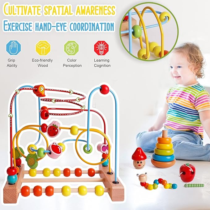 SHIERDU Four-in-one Early Education Set Bead Maze Toy for Toddlers Montessori Activity Caterpillars Eat Apple Wooden Rainbow Stacker Twisting Caterpillar Toddler Activity Center Portable Travel Toys