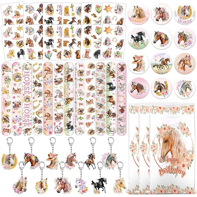 60 PCS Horse Cowgirl Party Favors, Horse Themed Temporary Tattoos, Slap Bracelets, Keychains, Badges, Gift Bags for Cowgirl Birthday Party Decorations and Classroom Rewards