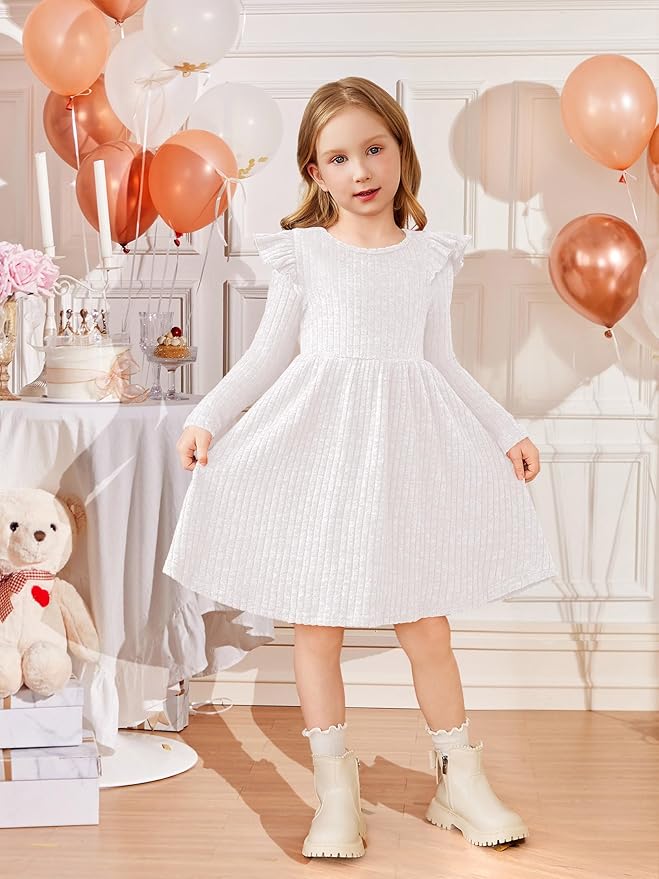 Arshiner Toddler Girl Dress Baby Girls Knitted Ruffle Sleeve Pocket Dresses A-Line Flared Fall Winter Clothes for 2-8 Years