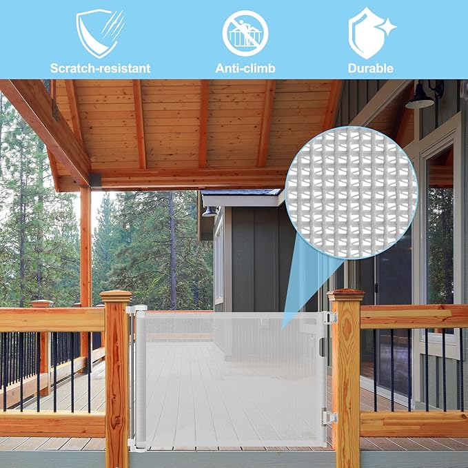 80 Inch Baby Gate Extra Wide Retractable Dog Gate Mesh Baby Gate Outdoor Baby Gates for Decks Indoor Mesh Gate Retractable Pet Gate Doorway Gate Safety Gates for Stairs Babies Kids gate (Light Gray)