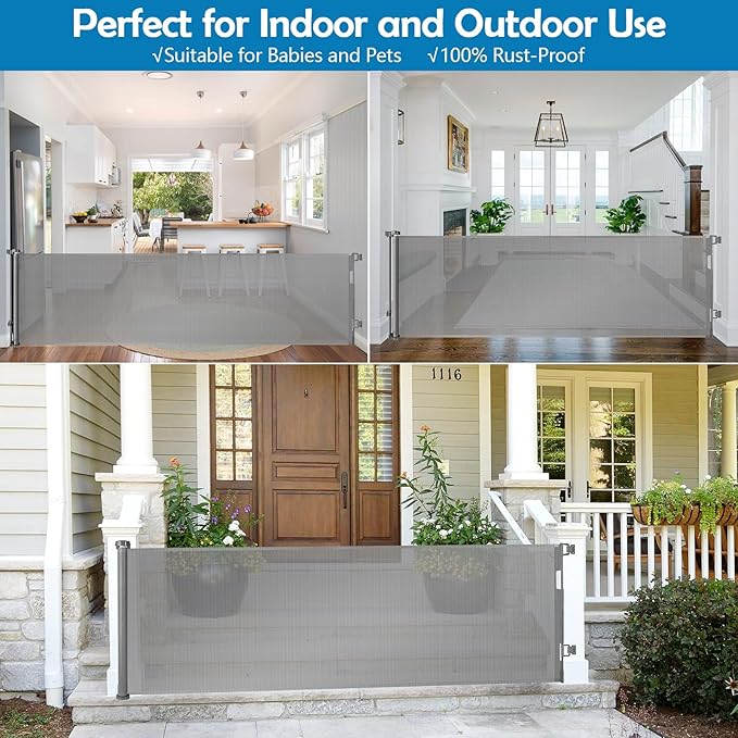 90 Inch Extra Long Baby Gate Retractable Dog Gate Outdoor Gates for Decks Indoor Child Gates for Wide Openings Extra Wide Retractable Baby Gate Retractable Gate Long Dog Gate for Doorway, Porch, Gray