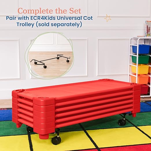 ECR4Kids Stackable Kiddie Cot, Ready-to-Assemble, Standard Size, Classroom Furniture, Red, 6-Pack