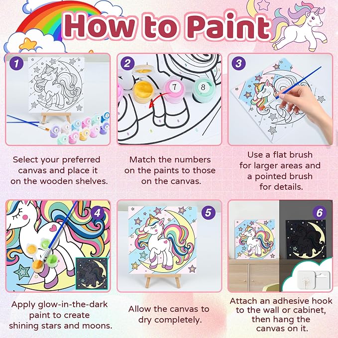 6 Pack Unicorn Paint by Numbers for Kids - Glow in The Dark Predrawn Canvas, Arts and Crafts with 50 Paints,12 Brushes 2 Easels, DIY Acrylic Oil Painting Kits for Boys Girls Beginners, Home Wall Decor