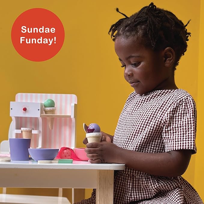 Mentari Toys - Ice Cream Kiosk - 7pc Wooden Play Shop with Cornets & Scoops - Press & Drop Feature - Pretend Play Toy for Toddlers - Encourages Creativity, Fine Motor Skills & Social Play - Age 3+