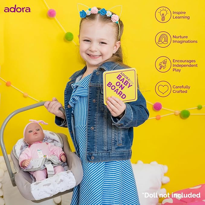 Adora Baby Doll Car Seat Carrier, with Removable Seat Cover - Machine Washable, Fits Most Dolls & Plush Animals Up to 20”, Birthday Gift for Children Ages 2+ - Twinkle Stars (Gray Handle)
