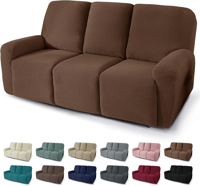 JIVINER 5 Pieces Recliner Sofa Covers Stretch Recliner Sofa Slipcover with Elastic Bottom Jacquard Fitted Reclining 3 Cushion Couch Cover Furniture Protector with Pockets (3 Seater, Brown)