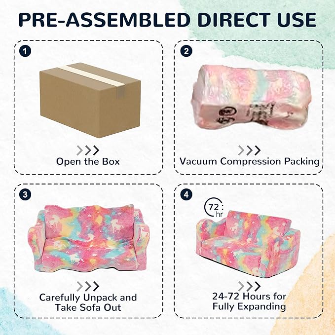 Elevon 2 in 1 Wider Toddler Couch, Flip Open Soft Sofa Bed, Glow in The Dark Flannel Baby Couch, 2-Seat Kids Chair Convertible Couch Easy Fold & Unfold, Baby Recliner Sofa for Girls and Boys