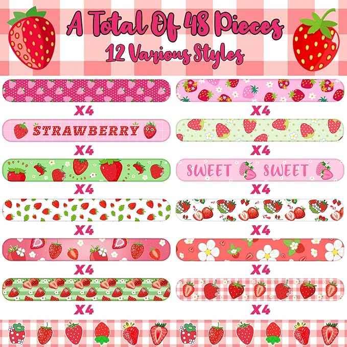 48PCS Strawberry Party Favors Slap Bracelets Berry First Birthday Party Supplies Decorations for Baby Shower Strawberry Party Sweet 1st Birthday Party Strawberry Party Summer Party
