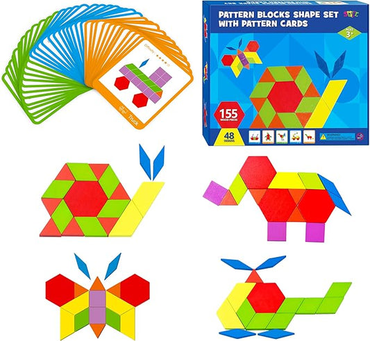 155 PCS Wooden Pattern Blocks Set, 24 Double-Sided Design Cards(48 Patterns) Geometric Shape Puzzle Fun Tangram Montessori Learning Toys for Kids Ages 4-8 (A Storage Bag & A Gift Box)