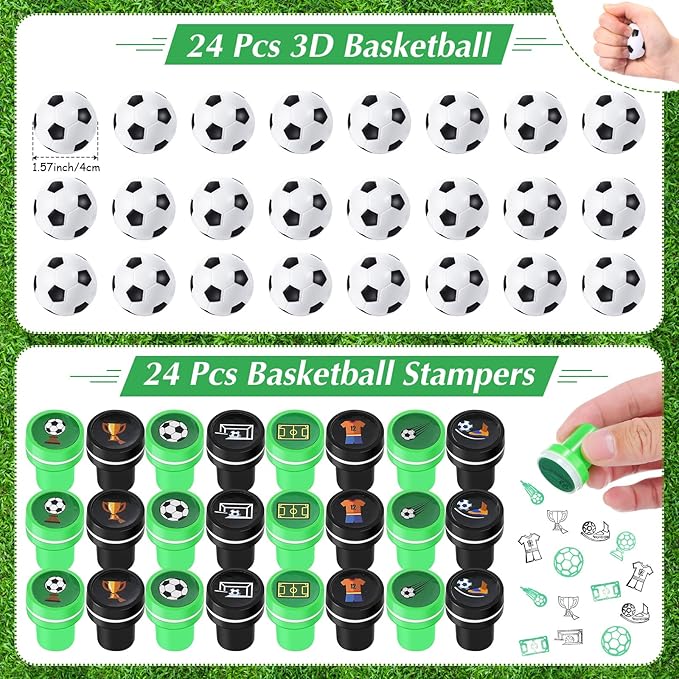 Aoriher 120 Pcs Soccer Sports Party Favors Set Serve 24, Soccer Goodie Bulk Foam Finger Mini Stress Ball Slap Bracelet Charm Bracelet Stamp for Girl Boy Kids Soccer Theme Party Supplies