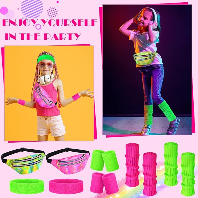 Giegxin 2 Set 80s Leg Warmers Set for Girls Kids Neon Ribbed Knit Leg Warmers Fitness Headband Wristbands for Cosplay Party