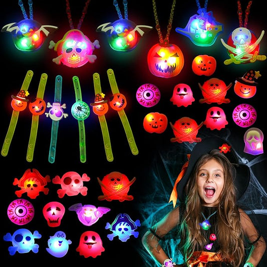 32Pcs Halloween Light Up Ring Necklaces Bracelets Toys Halloween Party Bag Fillers for Kid Adult Glow in the Dark Non Candy Gift Bags