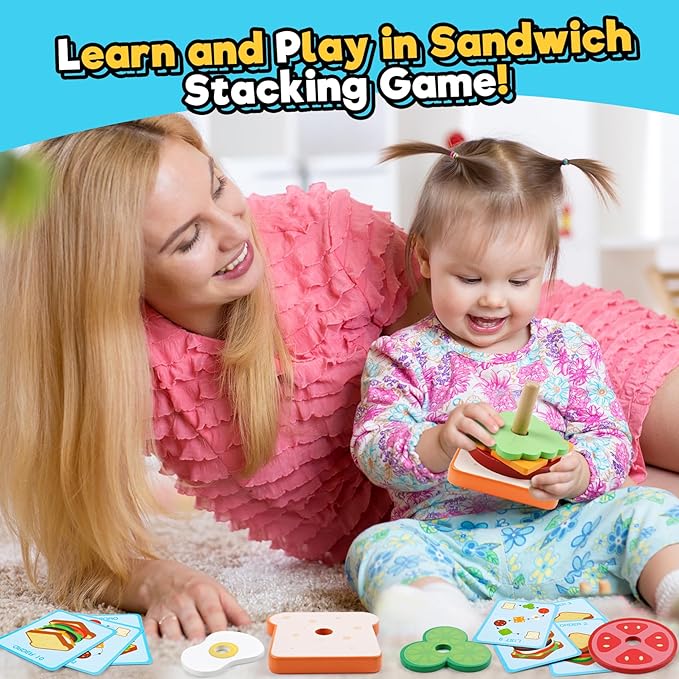 kizh Wooden Sandwich Sorting Stacking Toys Play Food Set for Toddlers Preschool Educational Montessori Toys Fine Motor Toys for Kids Boys Girls