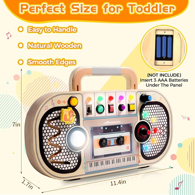 Busy Board Toys for 1 2 3 4 Year Old, Wooden Sensory Sensory Toy with Musical LED Lights Switches Motor Skills Developmental Early Educational Travel Baby 12-18 Month Toddler Birthday Gifts