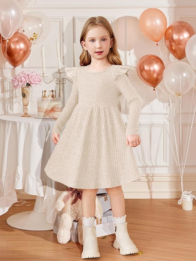 Arshiner Toddler Girl Dress Baby Girls Knitted Ruffle Sleeve Pocket Dresses A-Line Flared Fall Winter Clothes for 2-8 Years
