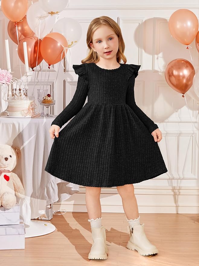 Arshiner Toddler Girl Dress Baby Girls Knitted Ruffle Sleeve Pocket Dresses A-Line Flared Fall Winter Clothes for 2-8 Years