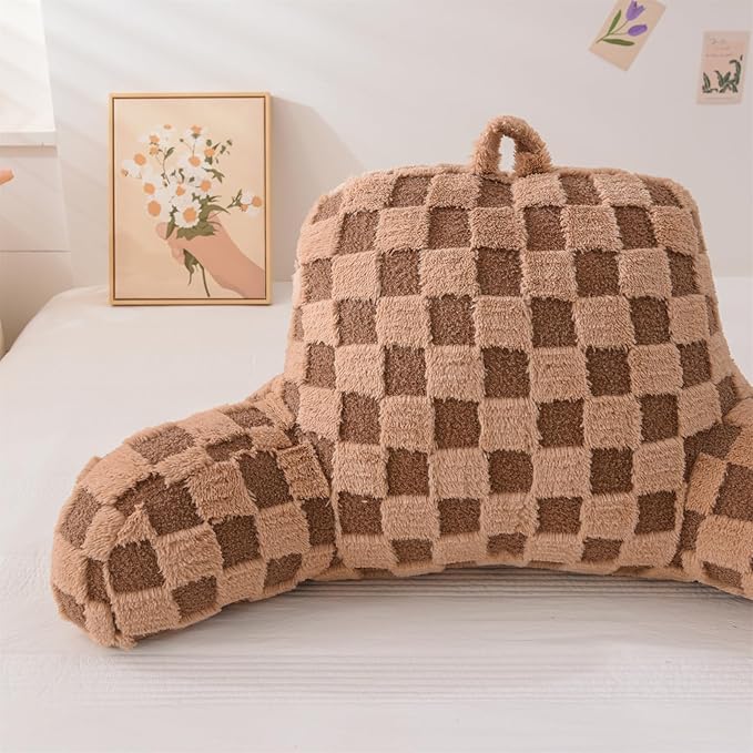 Aimuan Checkered Reading Pillow Bed Rest Wedge Backrest Checkerboard Pillow with Arms Back Support for Sitting Up in Bed Cushion Incline Rest Sleeping Snoring Pillow (Khaki,Standard)
