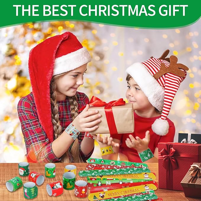 96 PCS Christmas Party Favors for Kids Bulk，Treats Bags Slap Bracelets Holiday Slap Bracelet Trinkets for kids School Classroom Students ，Goody Goodies Bag Stocking Stuffers Gifts Toys Xmas Gift