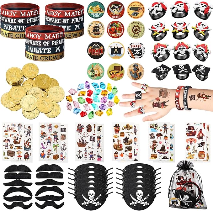 144 Pcs Pirate Party Favors Supplies Include Pirate Bracelet Nautical Tattoo Button Pin Eye Patch Gold Coin Gem Ring Mustache Organza Bag for Kids Boy Pirate Birthday Party Goodie Bag Fillers