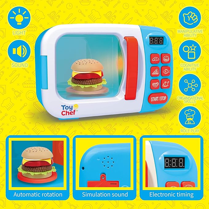 Kids Microwave Oven Toy, Pretend Play Kitchen, Electronic Bright Colored Microwave with Lights and Toy Food