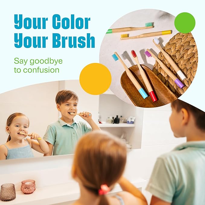 Kids Bamboo Toothbrushes Soft Bristles 6 Pack - Biodegradable Wooden Children Toothbrush Set - Eco-Friendly Natural Kids Toothbrush