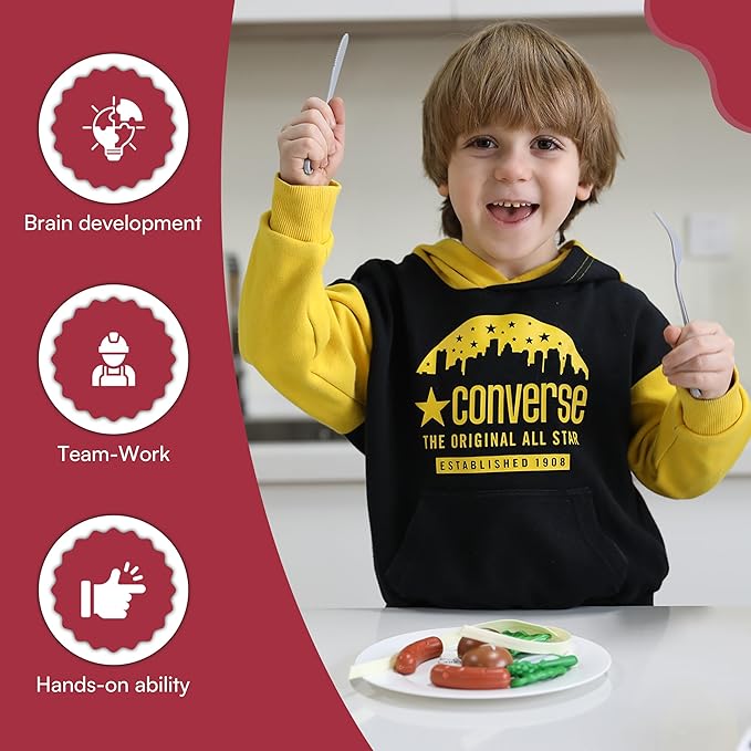 Kids Kitchen Playset - Realistic Steaming Pan, Pretend Stove Toy Set with Play Kitchen Accessories - With Fruits, Vegetables, Kettle, Frying Pan, Cook Pot, Pressure Cooker - For Children Ages 3+ Years